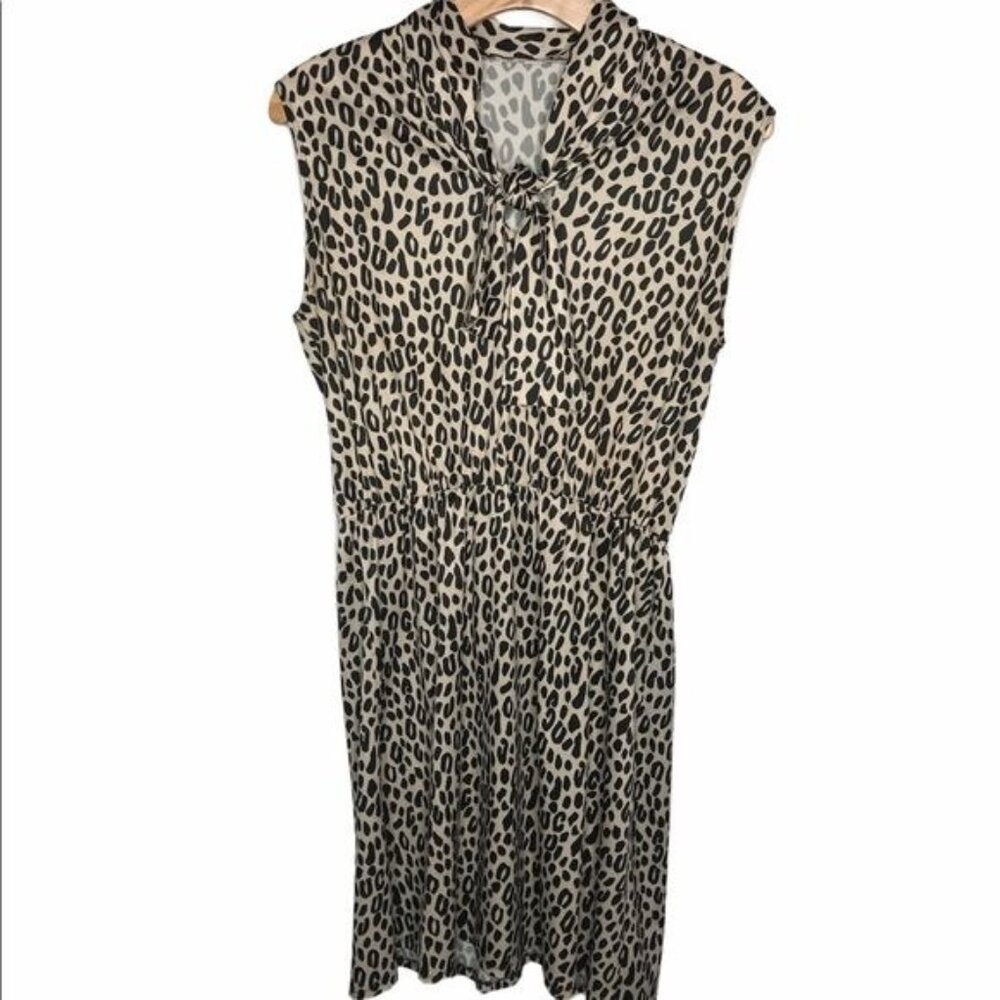 Vintage Tie Neck Black and Tan Leopard Print Mini Dress Size M